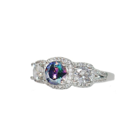 Halo Solitaire Mystic Topaz Rainbow & Cubic Zirconia Cushion-cut Ring size 9 - Picture 3 of 6